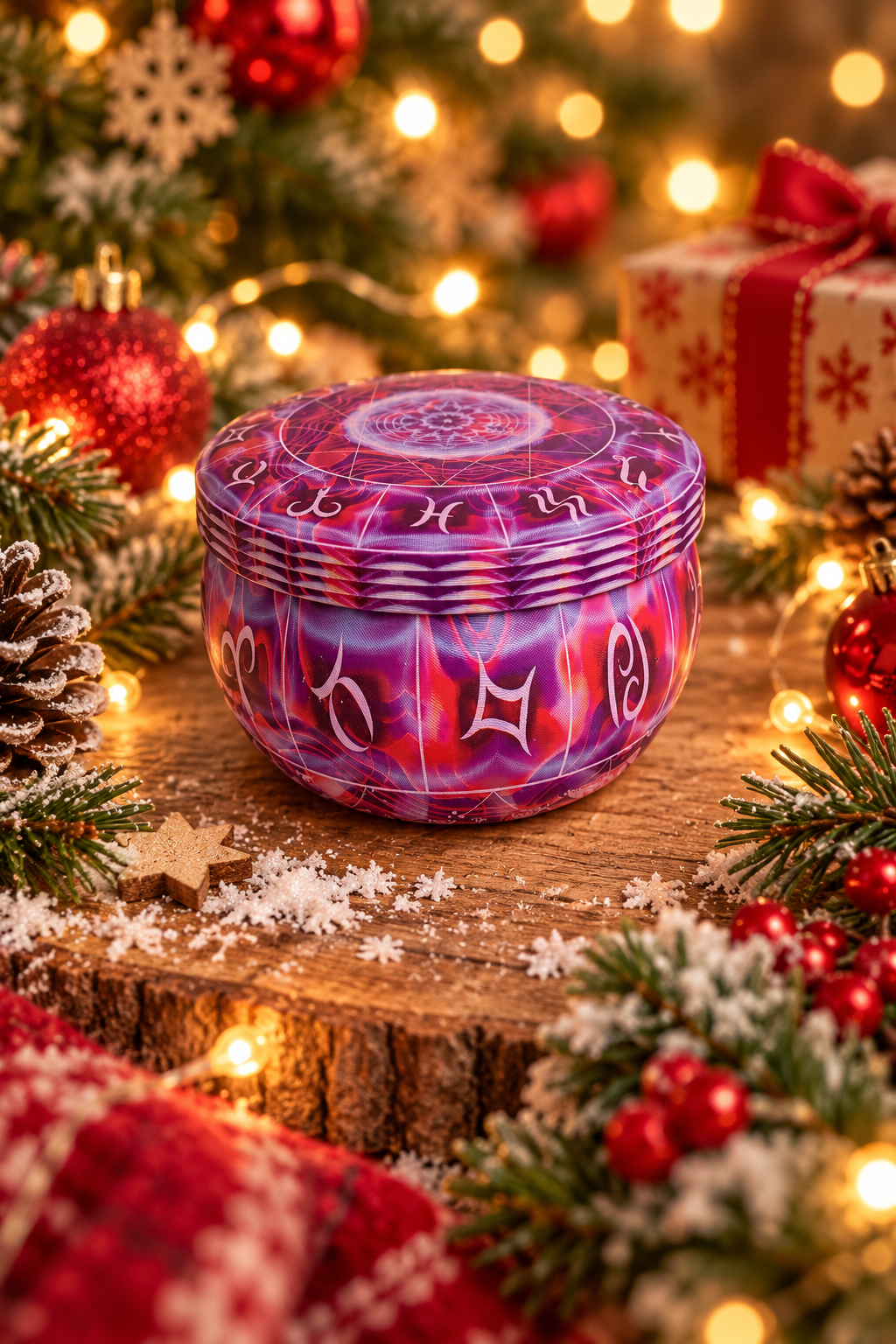 A round decorative tin with a purple and pink mandala design and white symbols, styled on a rustic wood slice surrounded by Christmas decorations, pine branches, red ornaments, and warm string lights.