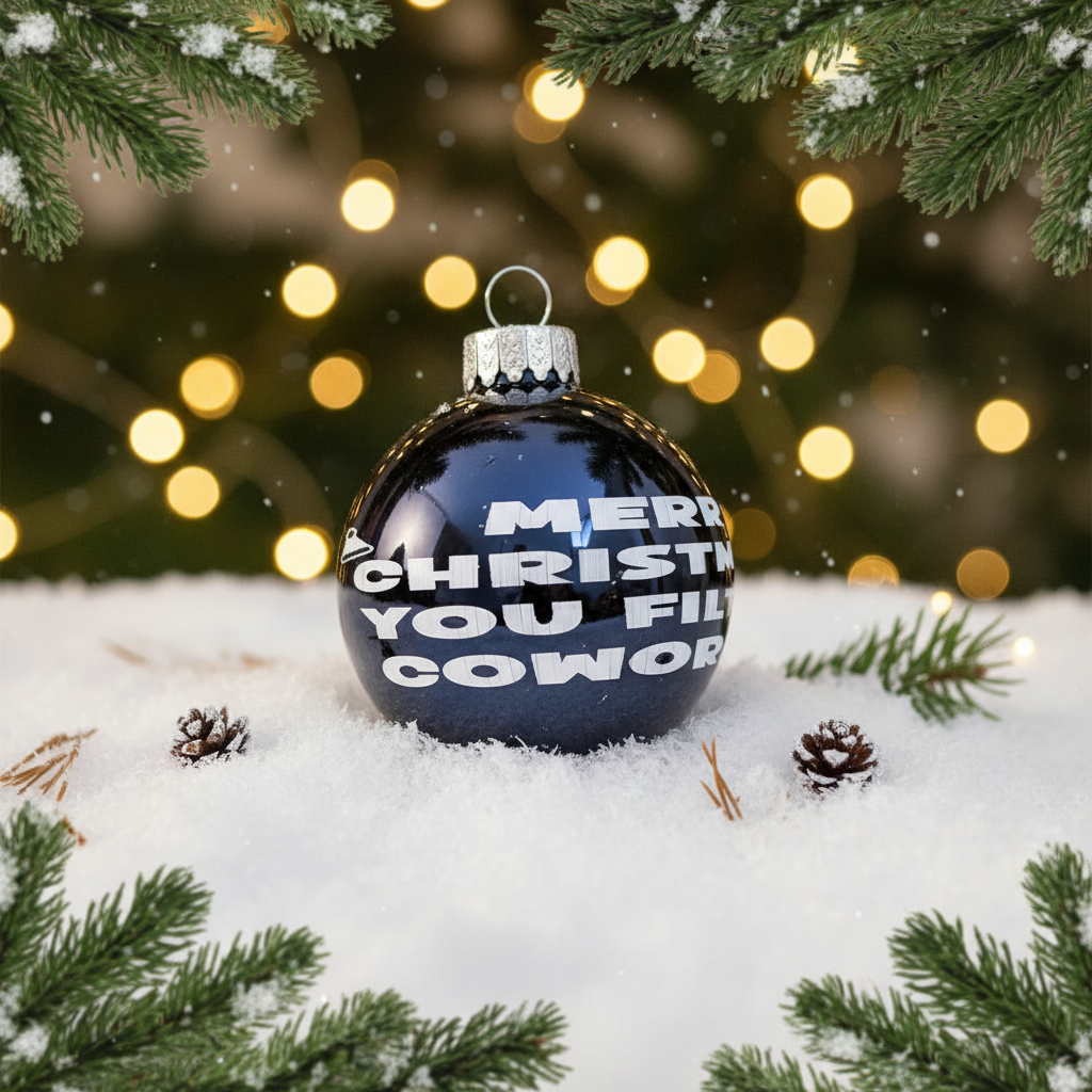 Decorative Christmas ornament with humorous text on a snowy background with lights.
