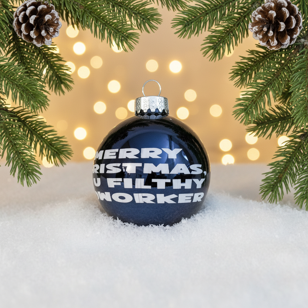 Blue Christmas ornament with text 'MERRY RISTMAS U FILTHY WORKER' on a snowy background with pine branches and lights.