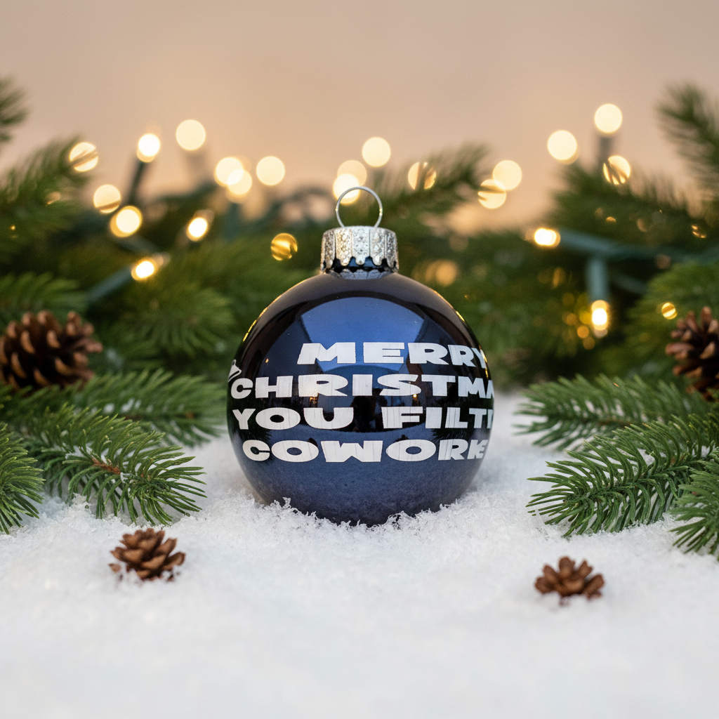 Blue Christmas ornament with humorous text on a snowy background with pine branches and lights.