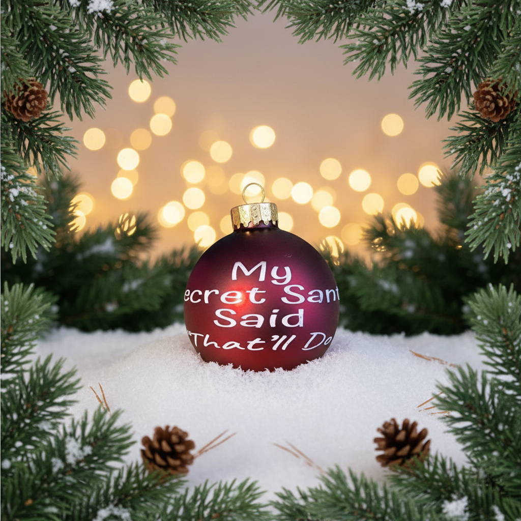 Decorative Christmas ornament with text in a snowy scene with lights