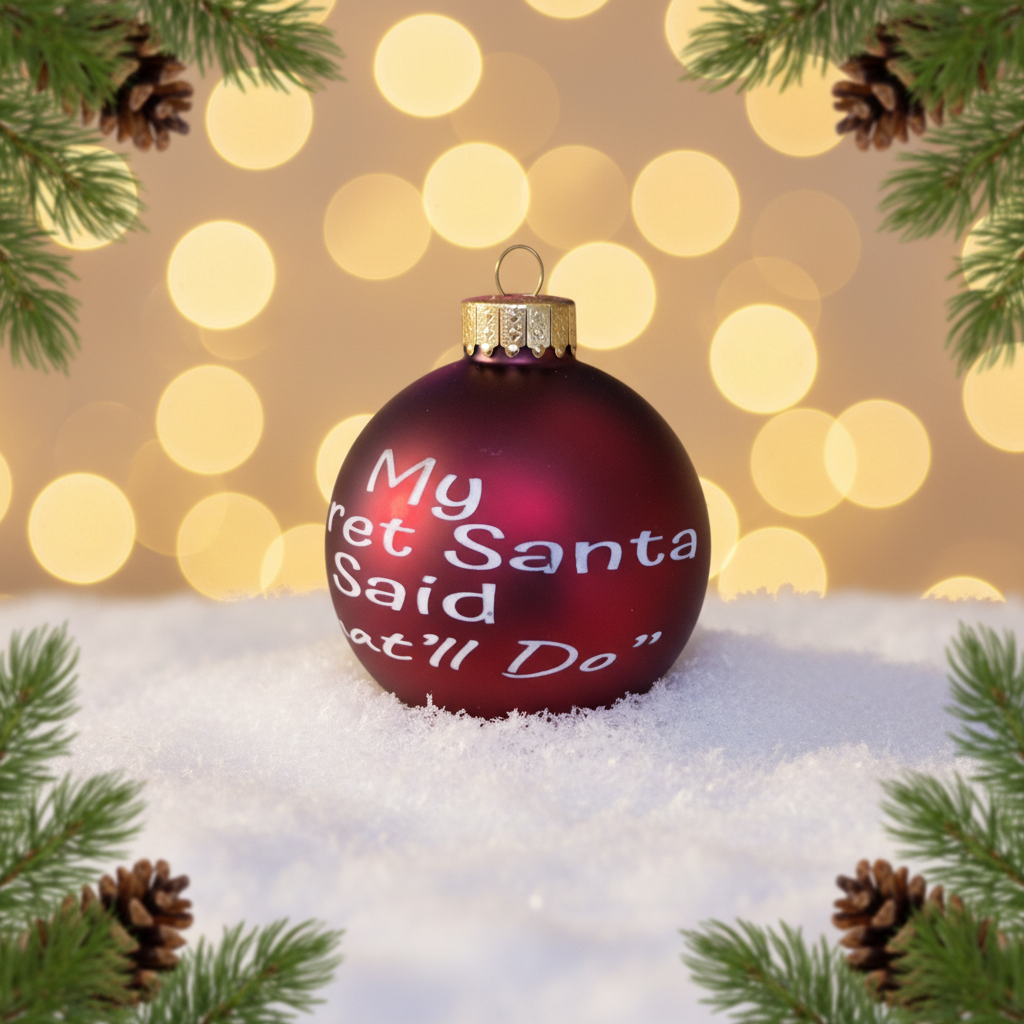 Red Christmas ornament with text on a snowy background with lights