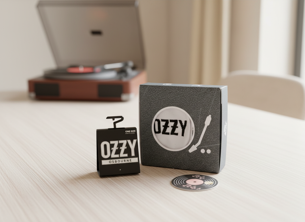 Ozzy Osbourne record player and accessories on a table with a blurred background