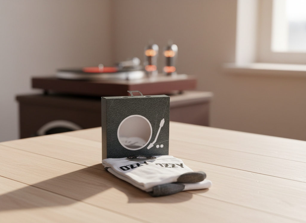 Small black box with a white circle design on a wooden table