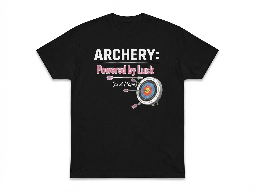 Black t-shirt with archery graphic and text on a white background