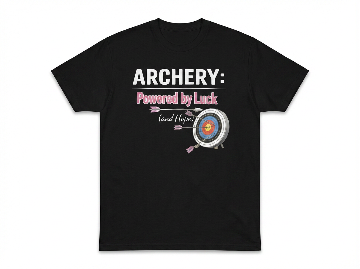 Black t-shirt with archery graphic and text on a white background