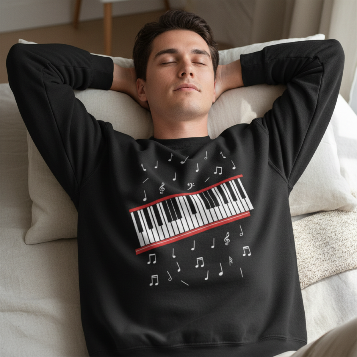 Man wearing a black sweatshirt with a piano design, lying on a couch.