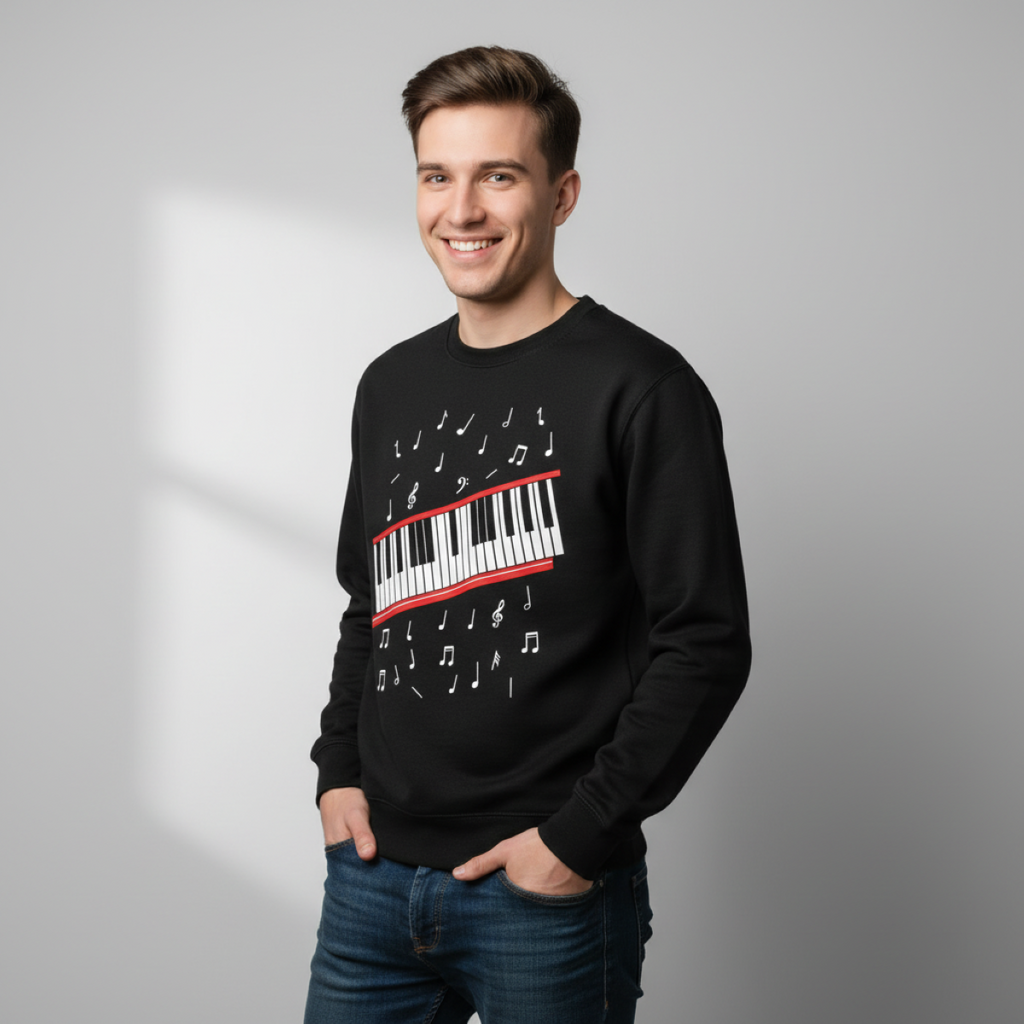 Man wearing a black sweater with a piano keyboard design on a gray background