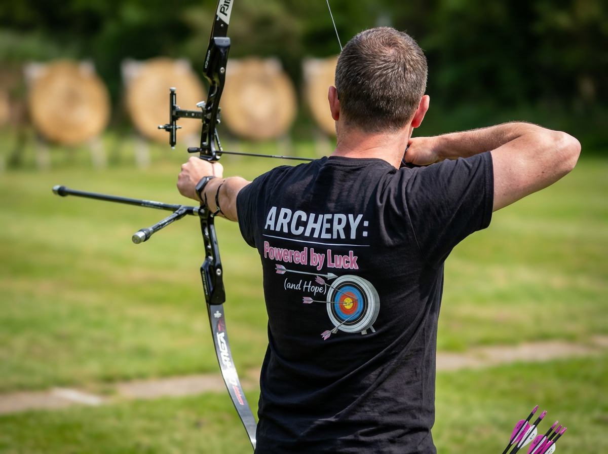 Man in black 'Archery: Powered by Luck and Hope' t-shirt aiming an archery bow outdoors.