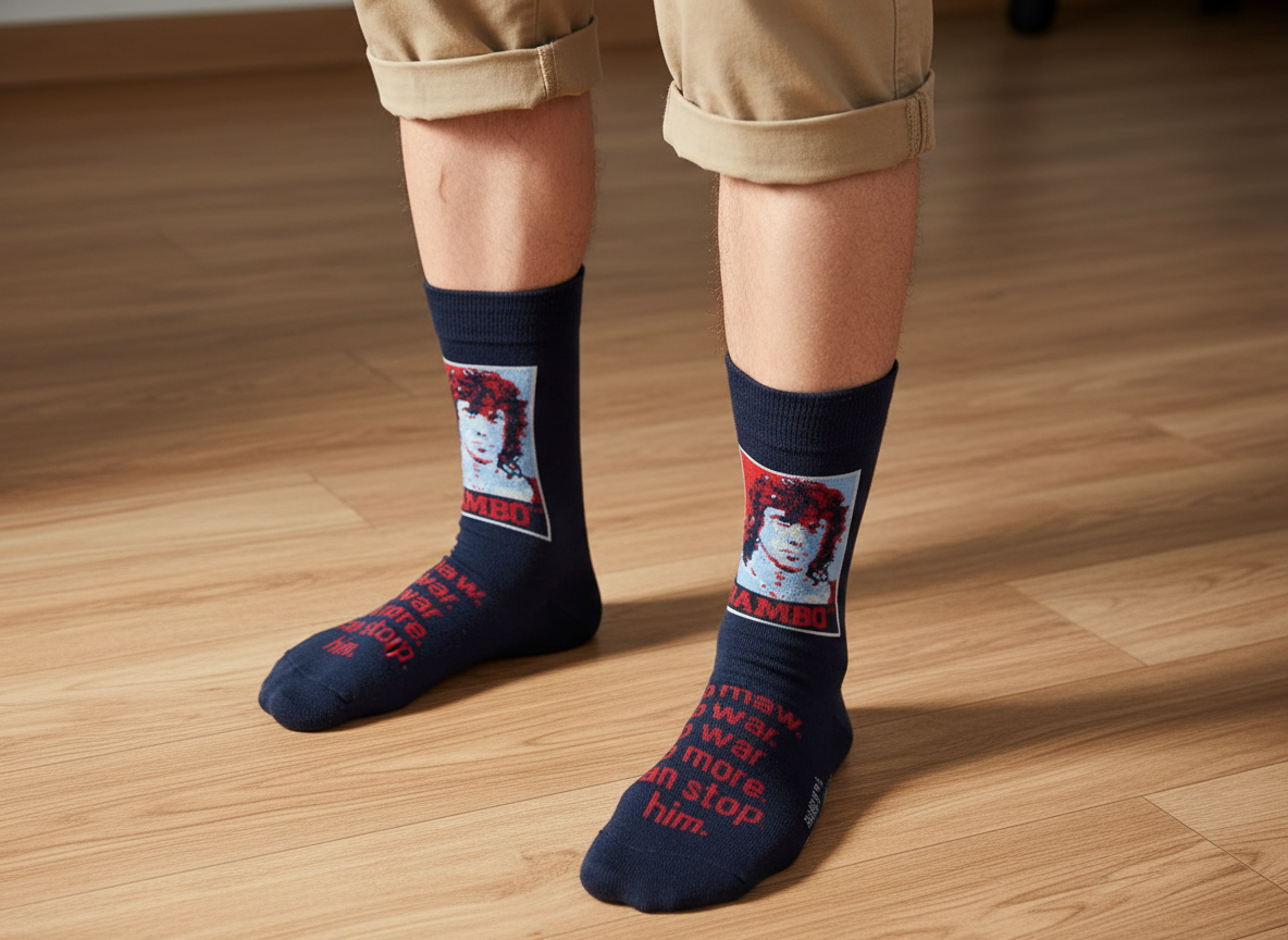 Person wearing navy socks with graphic designs on a wooden floor
