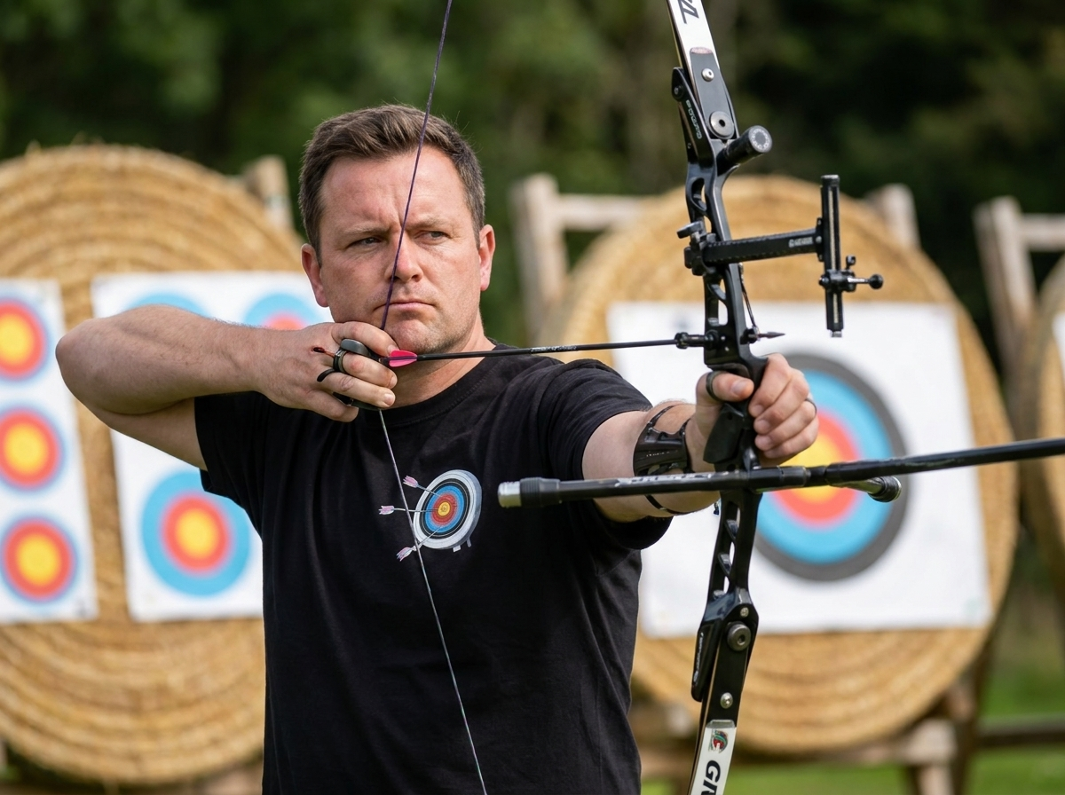 Man in black shirt aiming a bow and arrow at targets.