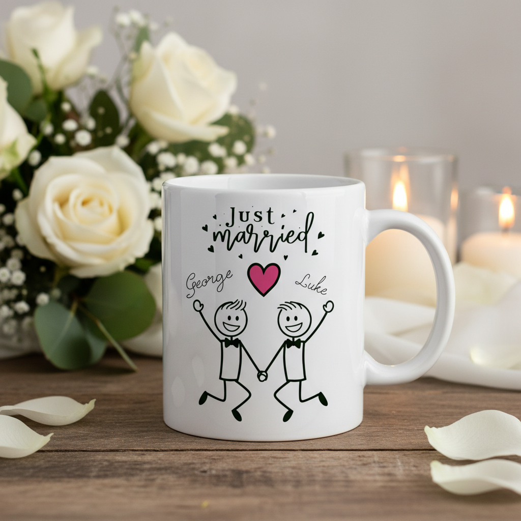 White mug with 'Just Married' design featuring two people holding hands and a heart, placed on a wooden surface with flowers and candles in the background.