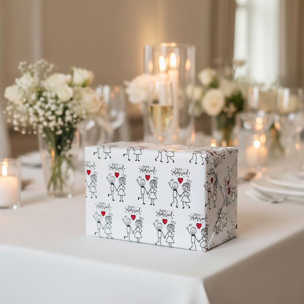 Gift box with wedding-themed design on a decorated table with candles and flowers