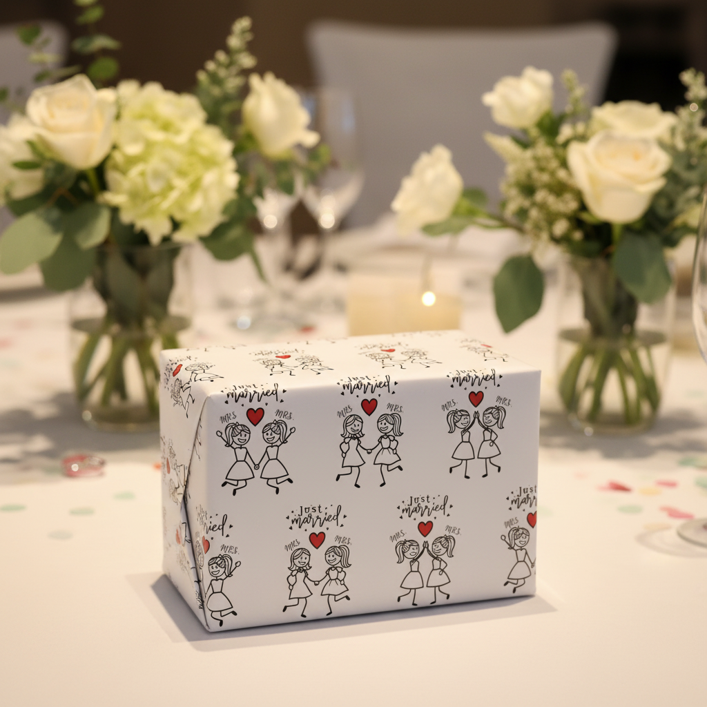 Gift box with romantic design on a table with floral arrangements
