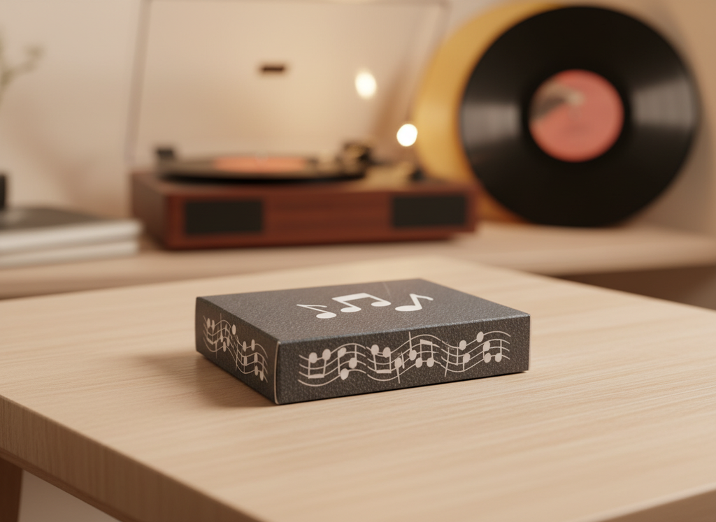 Music-themed box on a table with a vinyl record and turntable in the background