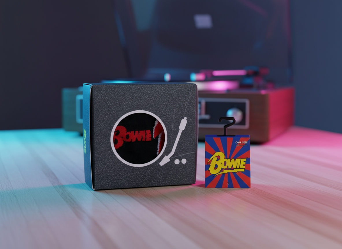 Black rectangular object with 'Bowie' logo and a small colorful box on a reflective surface with a blurred record player in the background.