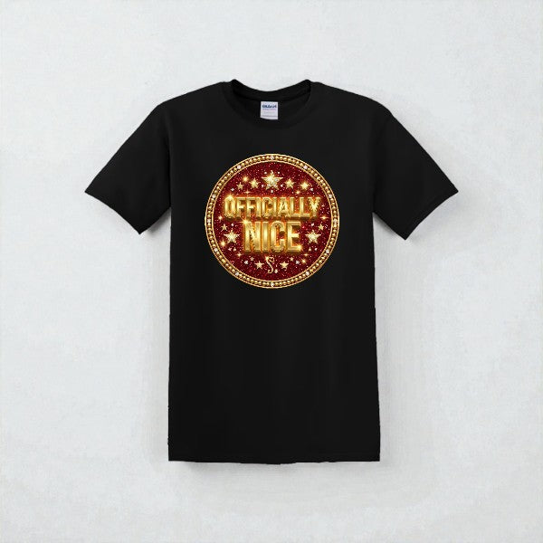 Black t-shirt with 'Officially Nice' design on a white background