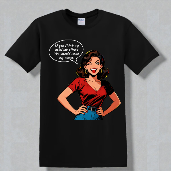 Black t-shirt with a graphic of a woman and text on a gray background