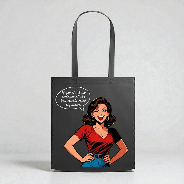 Tote bag with a graphic of a woman and a speech bubble on a gray background
