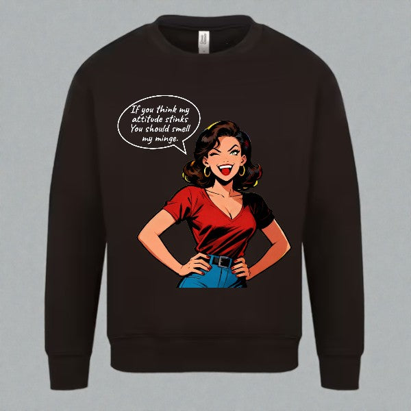 Black sweatshirt with a graphic of a woman and text bubble on a gray background