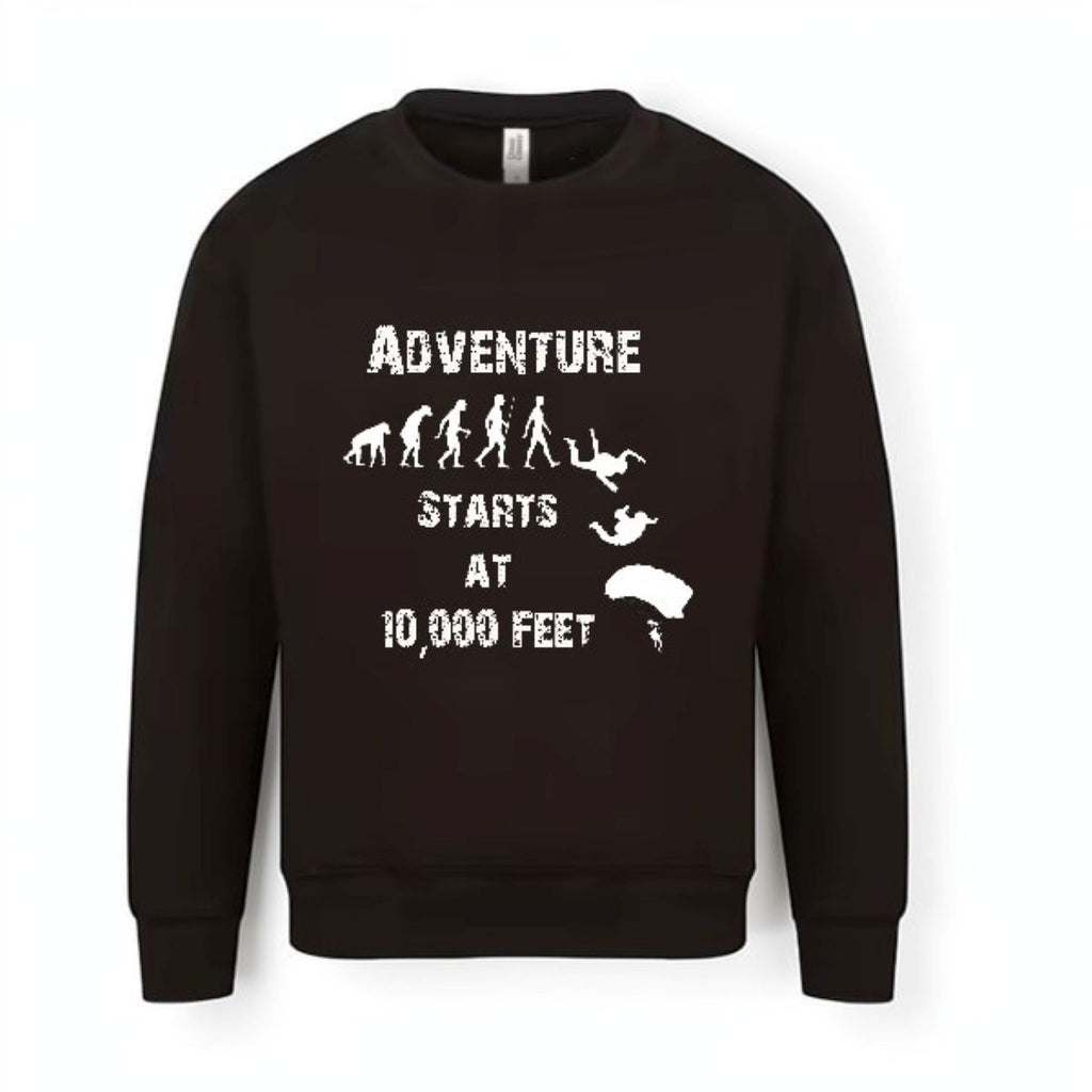 Black sweatshirt with white text and graphics on a white background