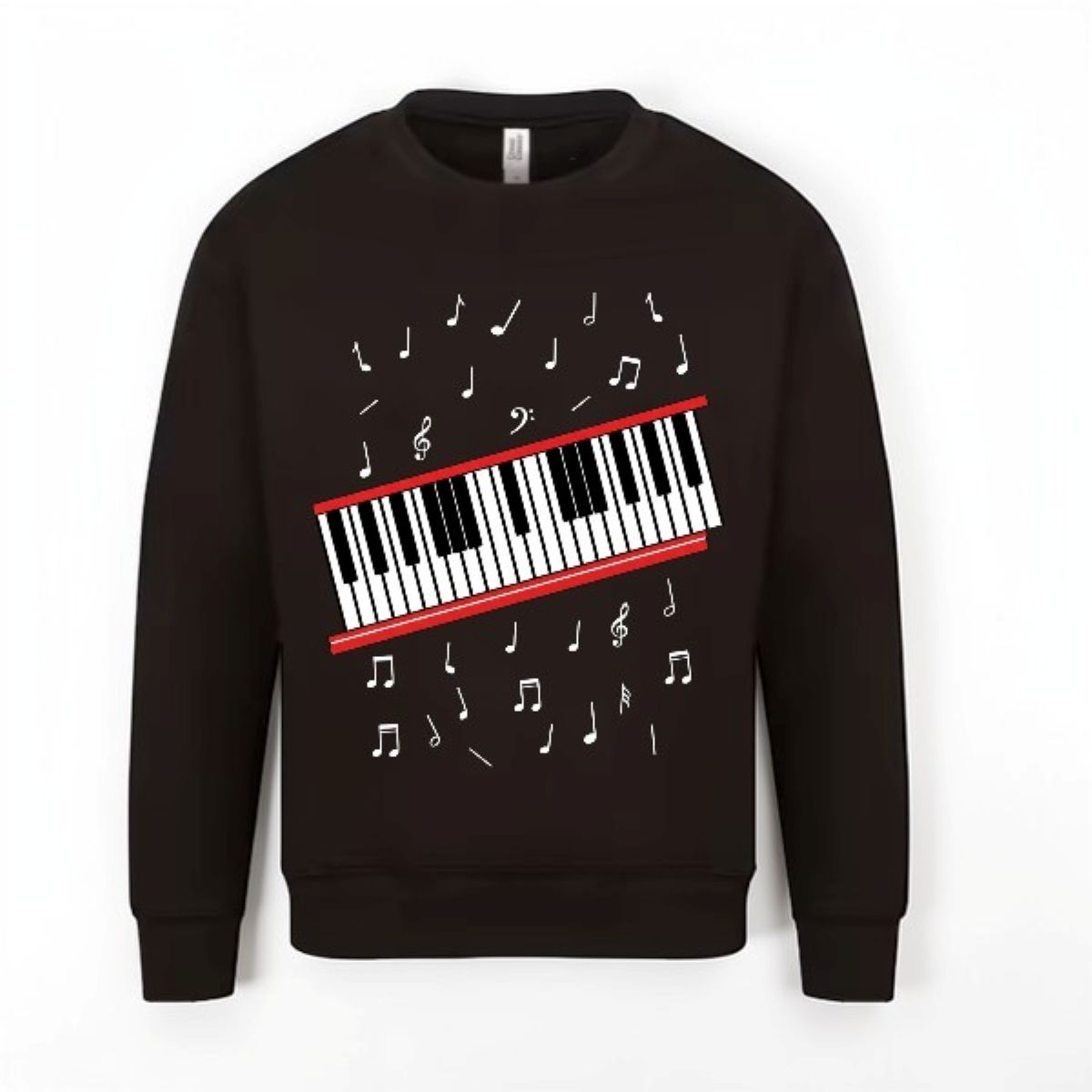 Black sweatshirt with a red and white piano keyboard design on a white background