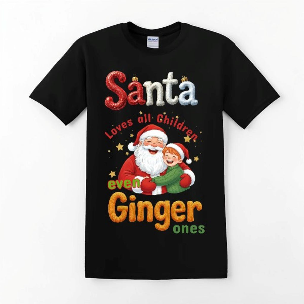Black t-shirt with Santa Claus and child graphic and text on a white background
