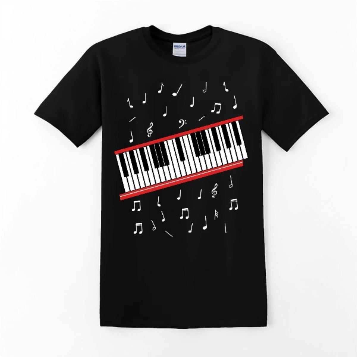 Black t-shirt with a design of a keyboard and musical notes on a white background