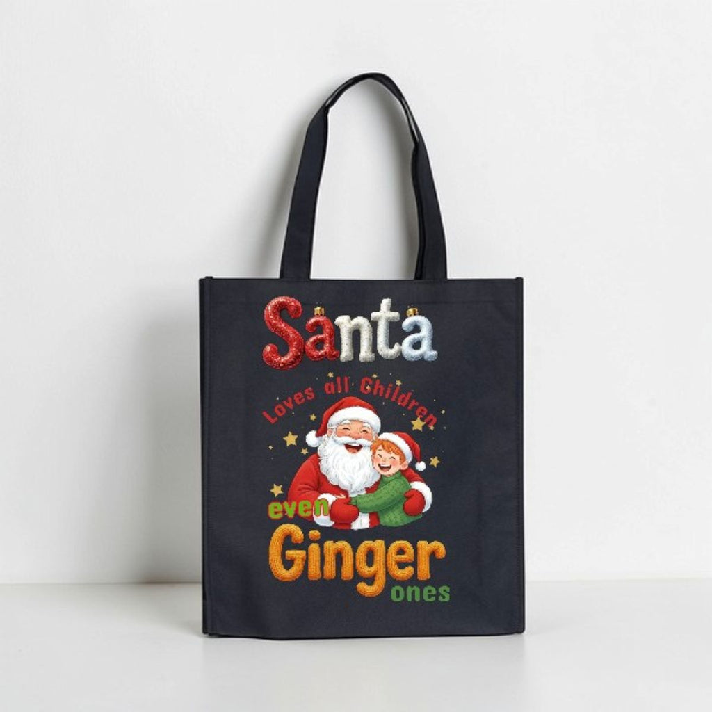 Black tote bag with Santa Claus design and text on a white background