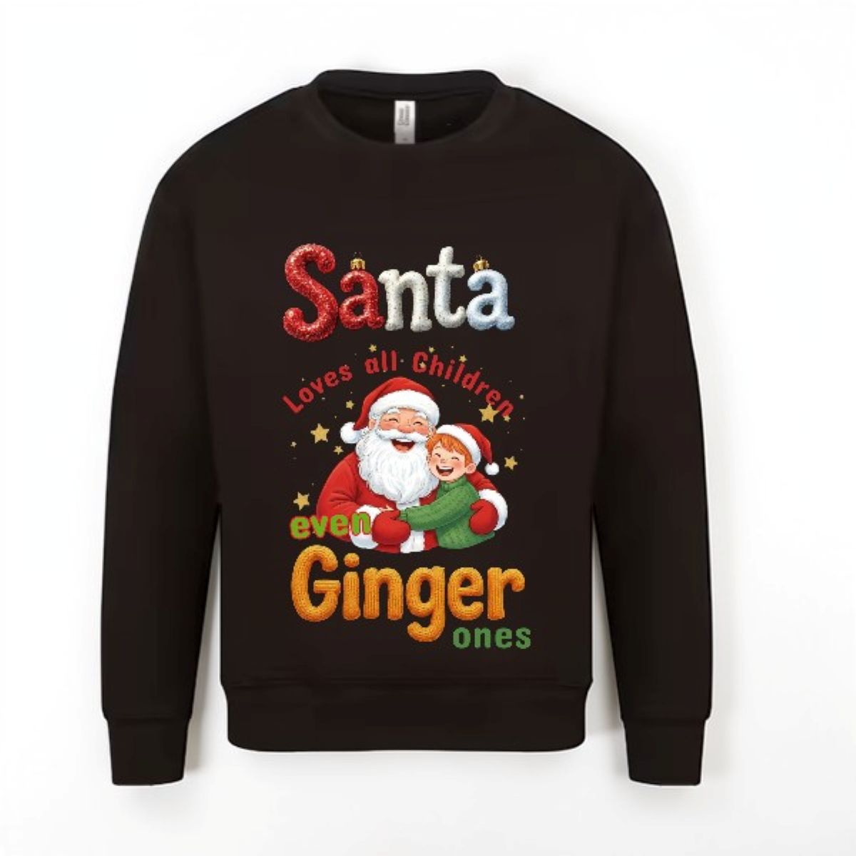 Black sweatshirt with Santa Claus graphic and text on a white background