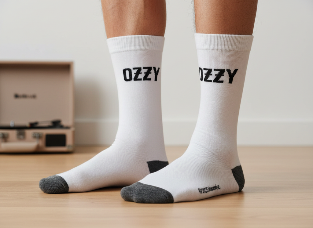White socks with 'OZZY' branding on a wooden floor.