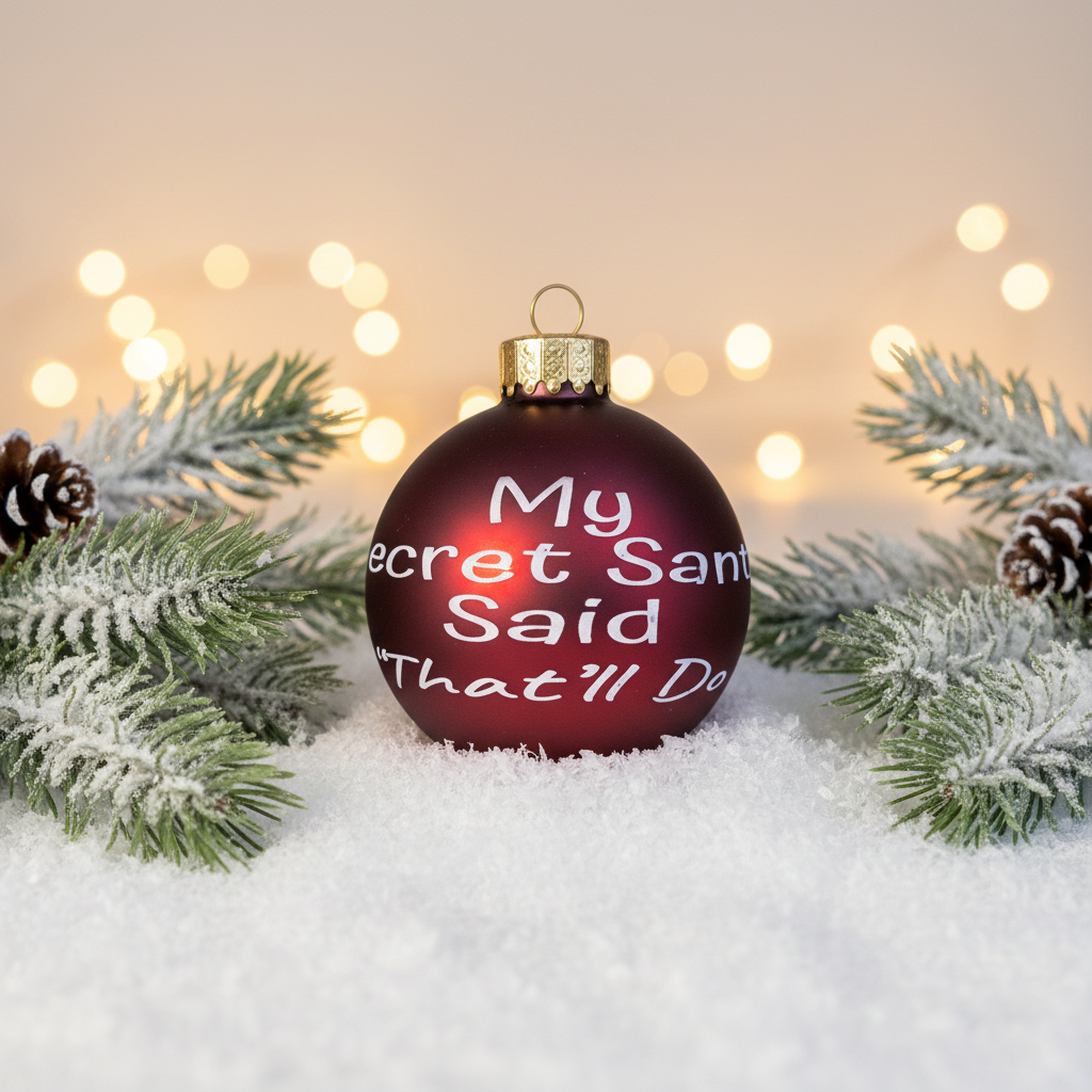 Red Christmas ornament with text 'My Secret Santa Said That'll Do' on a snowy background with lights.