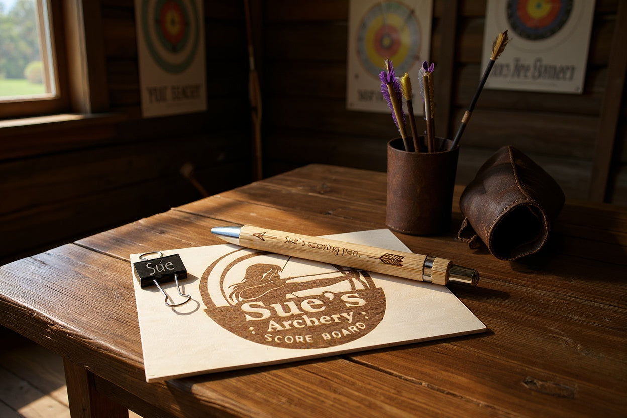 Wooden archery score book and pen on a wooden table with archery equipment in the background.