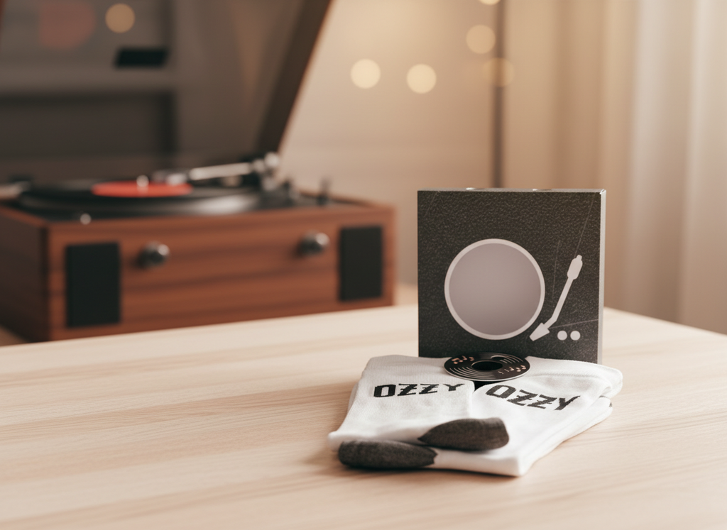 Record player with a record and a card on a table, with a blurred background