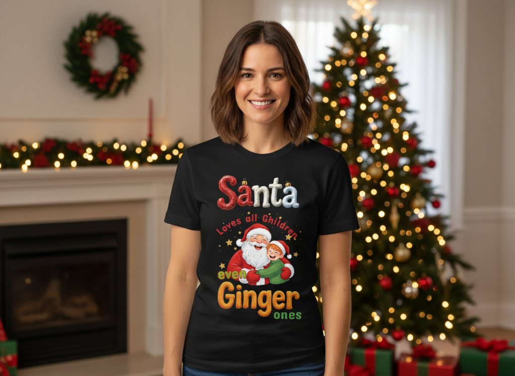 Woman wearing a black t-shirt with Santa Claus text in a festive room with Christmas decorations.