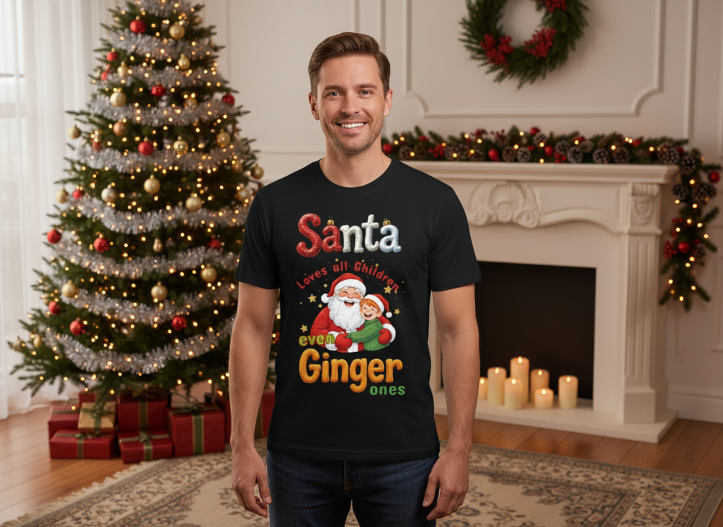 Man wearing a black t-shirt with Santa Claus text in a festive room with Christmas tree and fireplace.