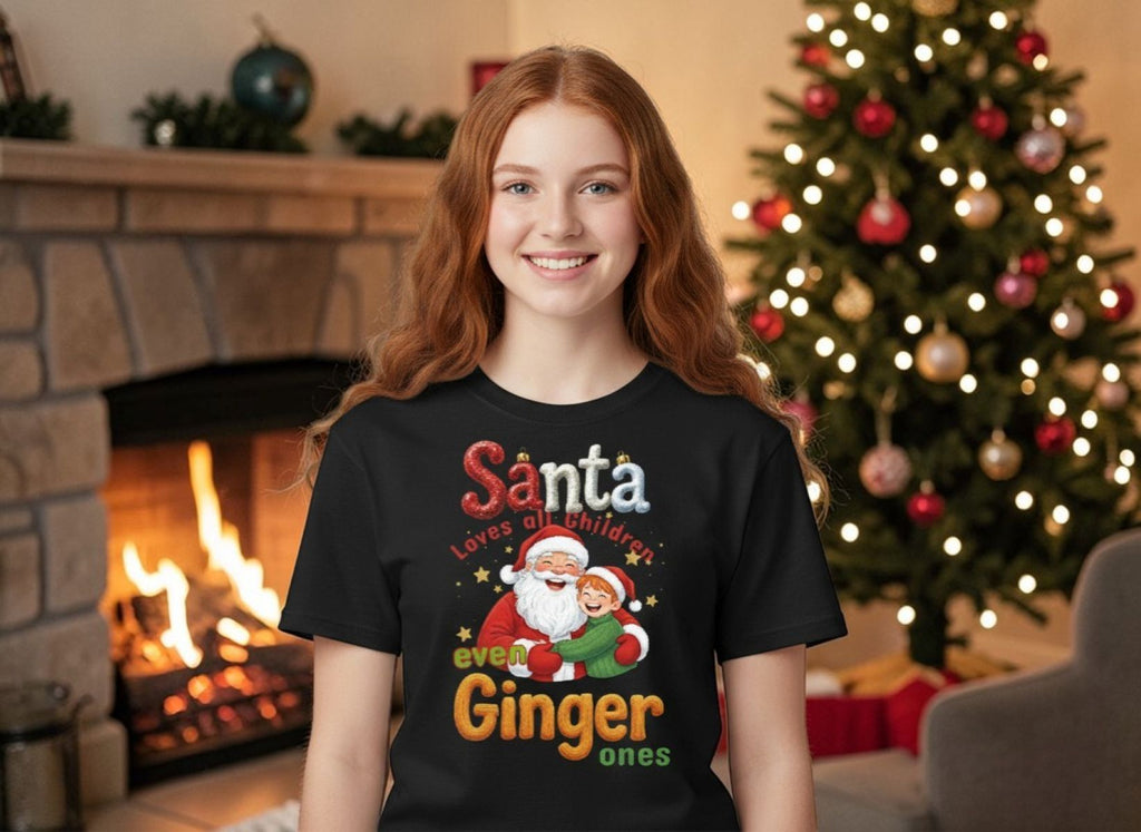 Person wearing a Christmas-themed t-shirt with Santa Claus in a festive setting.