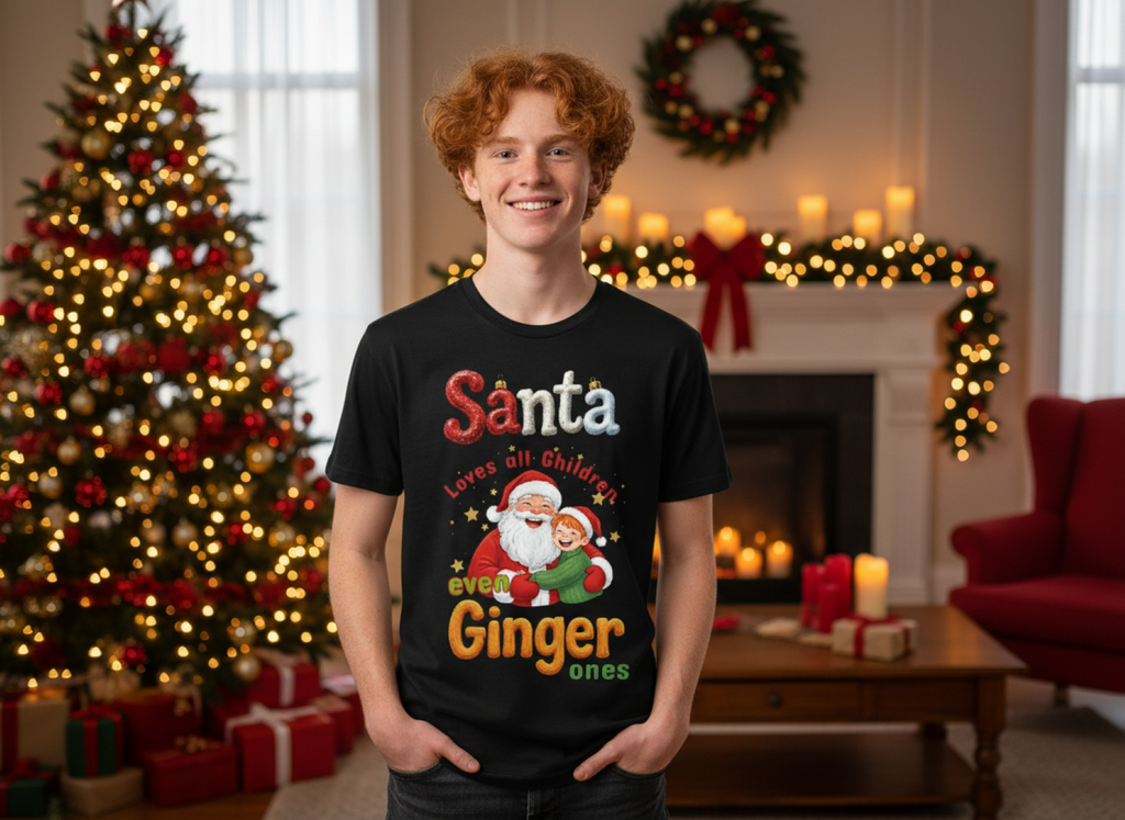 Person wearing a black t-shirt with a Christmas-themed design in a festive room with a decorated tree and fireplace.
