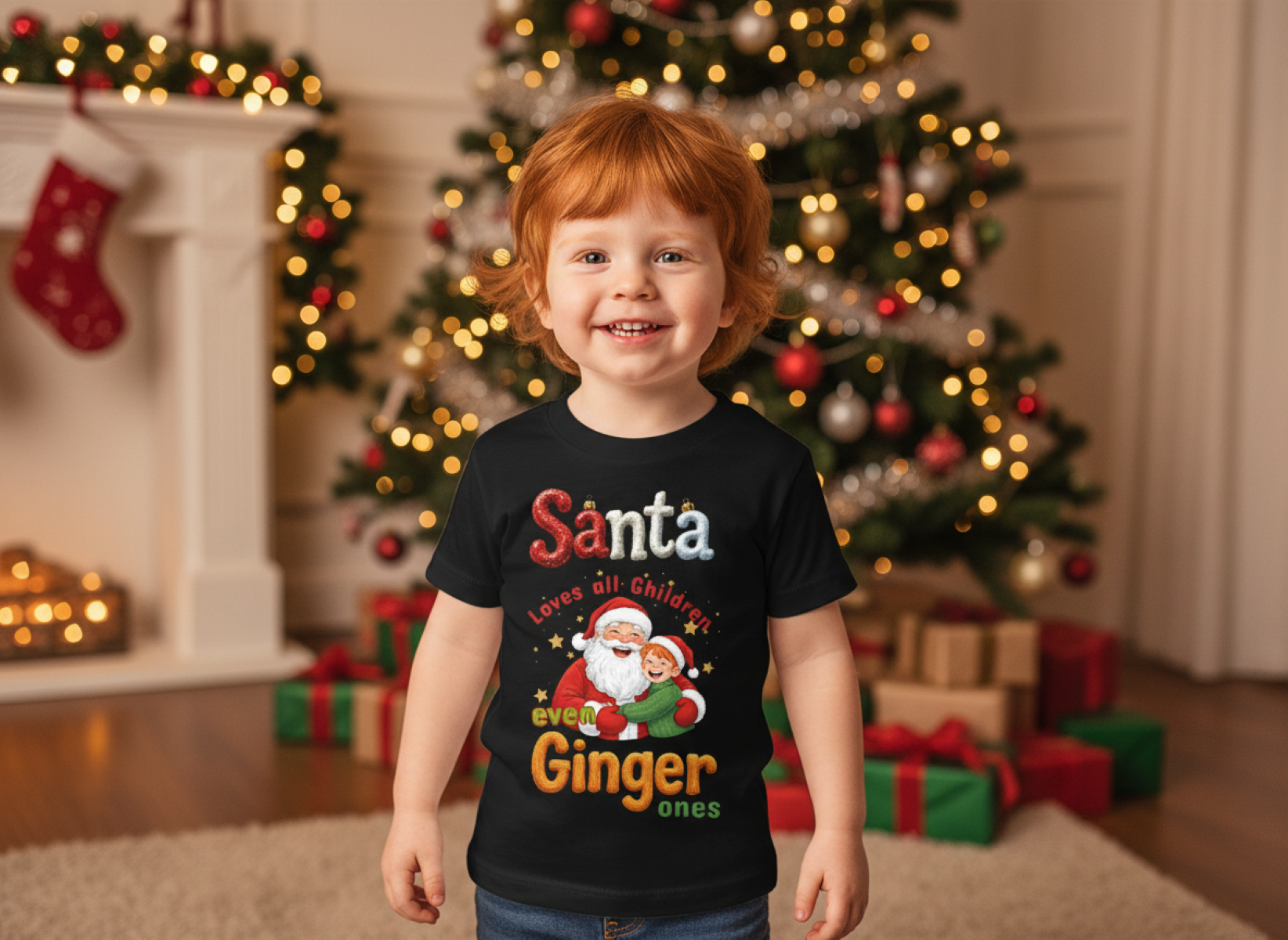 Child wearing a Christmas-themed t-shirt with Santa Claus in a festive room with a Christmas tree and presents.