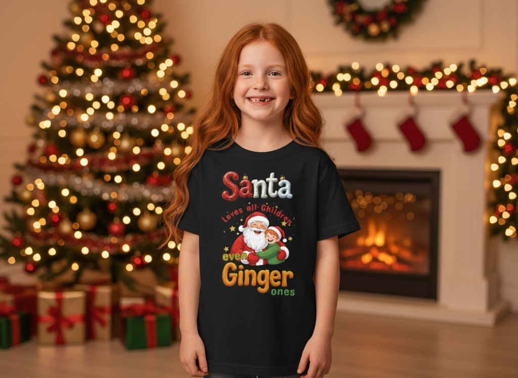 Child wearing a black t-shirt with Santa Claus text in a festive room with Christmas tree and fireplace.