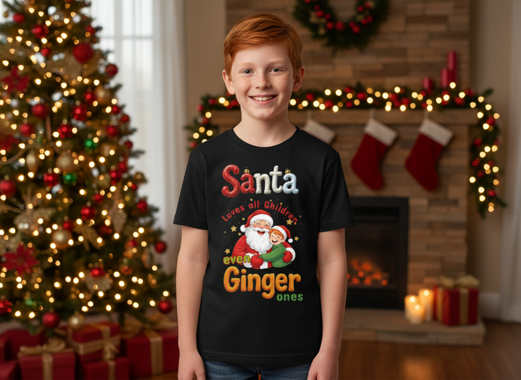 Child wearing a black t-shirt with Christmas-themed text in a festive room with a tree and fireplace.