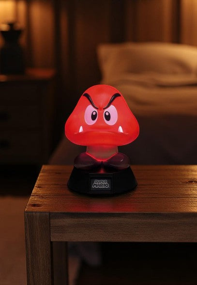 Paladone Icons Super Mario Goomba Light-Up Figure #002, 4-inch official Nintendo collectible, brown Goomba on black base, boxed.