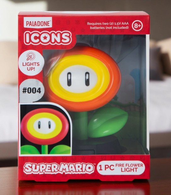 Paladone Icons Super Mario Fire Flower Light #004, 4-inch collectible light-up orange and yellow flower on black base, boxed.