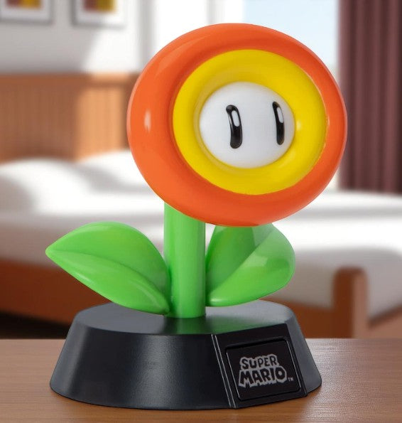 Paladone Icons Super Mario Fire Flower Light #004, 4-inch collectible light-up orange and yellow flower on black base, boxed.