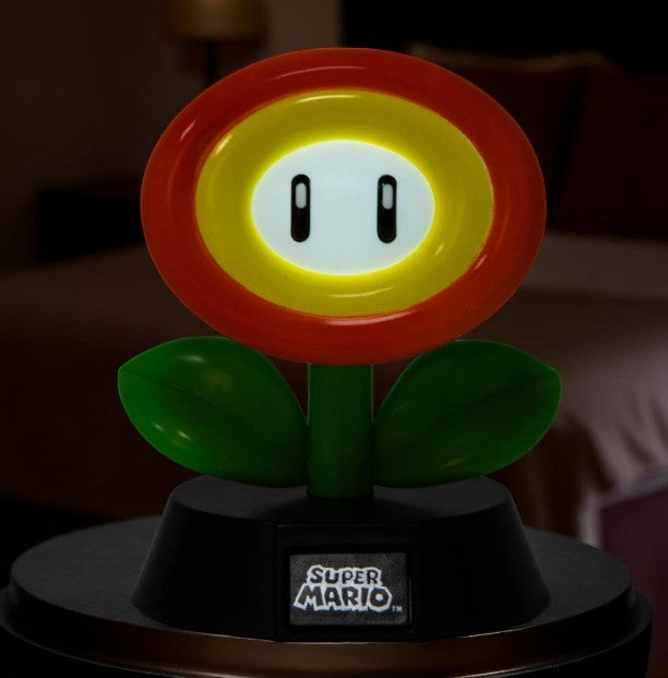 Paladone Icons Super Mario Fire Flower Light #004, 4-inch collectible light-up orange and yellow flower on black base, boxed.