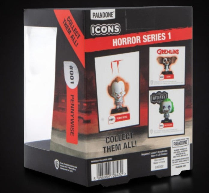 Paladone Icons IT Pennywise Light, Horror Series 1, boxed light-up vinyl figure with red hair and menacing smile.
