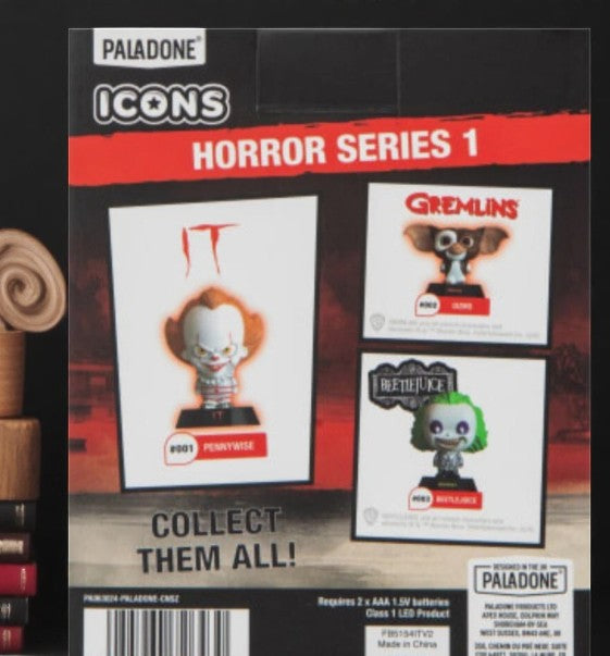 Paladone Icons IT Pennywise Light, Horror Series 1, boxed light-up vinyl figure with red hair and menacing smile.