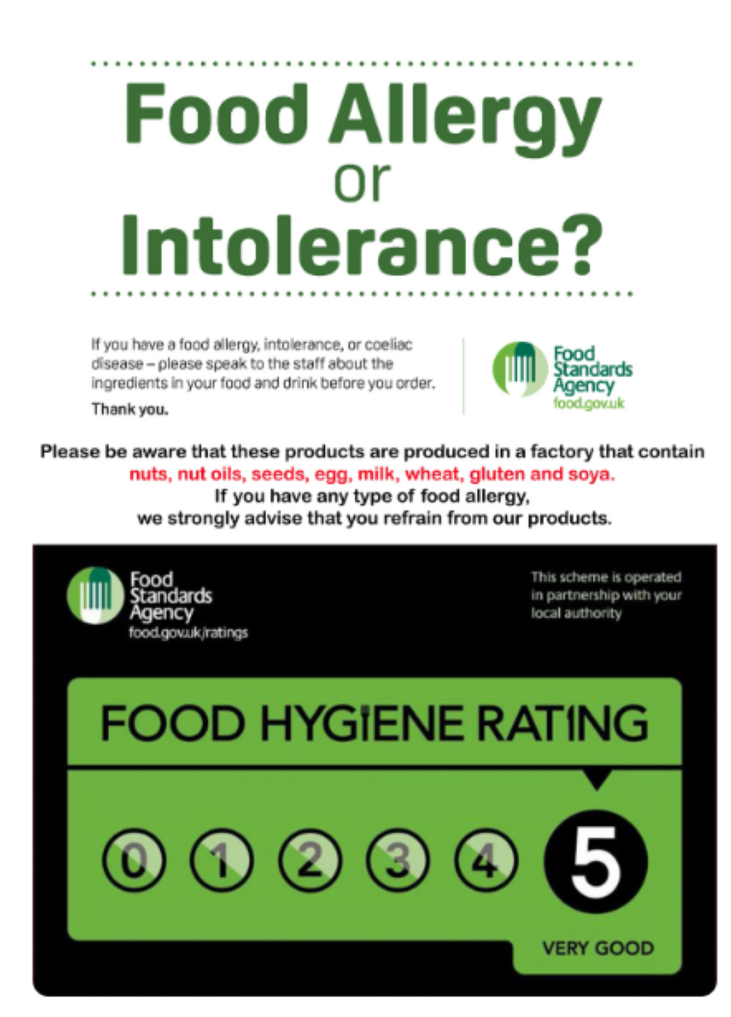 A Food Hygiene Rating poster with the headline 'Food Allergy or Intolerance?' at the top, informational text below, and a black-and-green rating panel showing a 5-star score. The Food Standards Agency logo is visible.