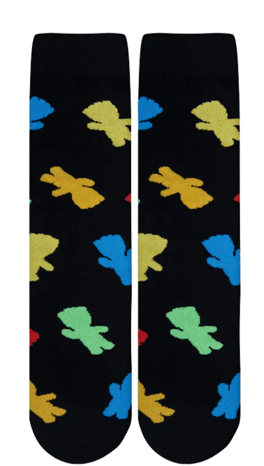 Black socks with colorful bear pattern on a white background
