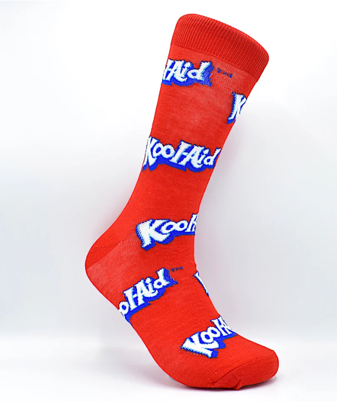 Red sock with Kool-Aid logo pattern on a white background